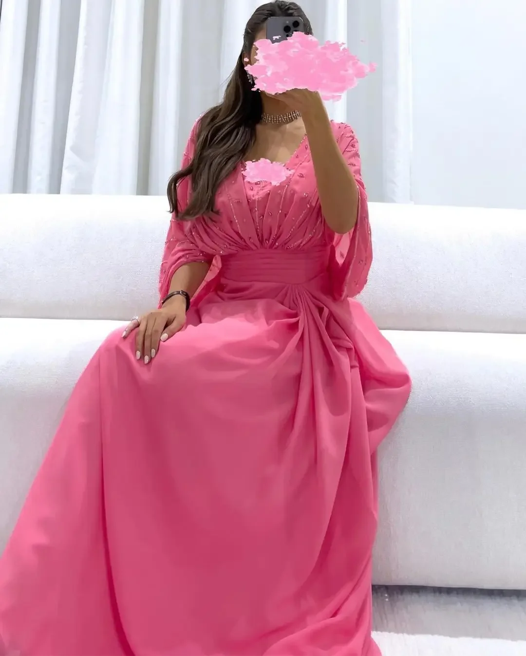 

Customized V Neck Long Sleeves Prom Dresses Beadings Pleated Chiffon Evening Gowns Wedding Party Dresses for Special Ocn