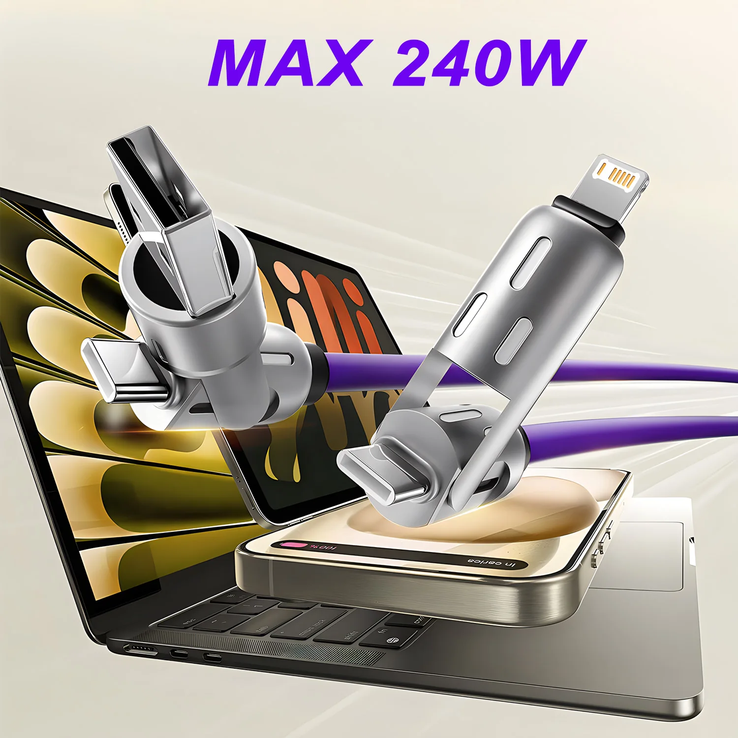 Zinc Alloy USB-C 4 in 1 240w Fast Charging Cable for iPhone Usb Type C Cable with RGB Light For iPhone Xiaomi Samsung Oneplus