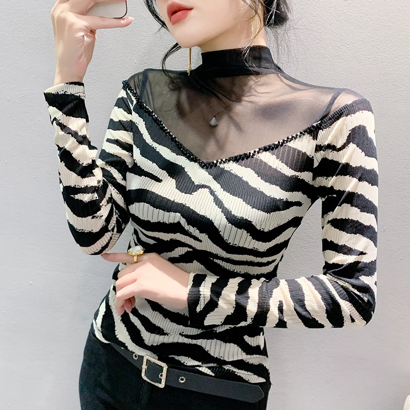 Black,Korean,Style,Fall,Winter,T-shirt,Chic,Sexy,Turtleneck,Print,Letter,Spliced,Beading,Women,Tops,Long Sleeve,Tees,New,411503