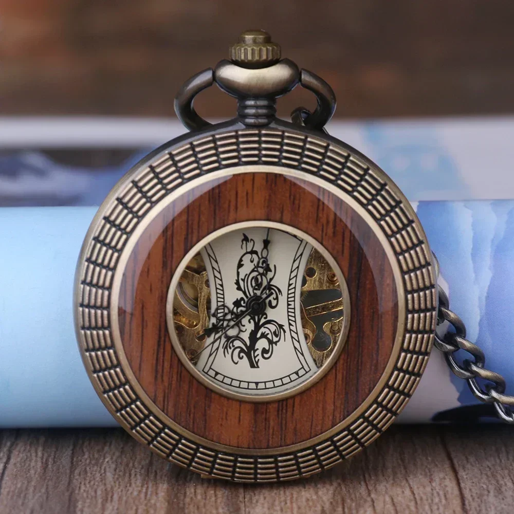 

Vintage Hand Winding Mechanical Pocket Watch Luxury Wooden Design Half Hunter Retro Pocket Clock Gifts for Men Women