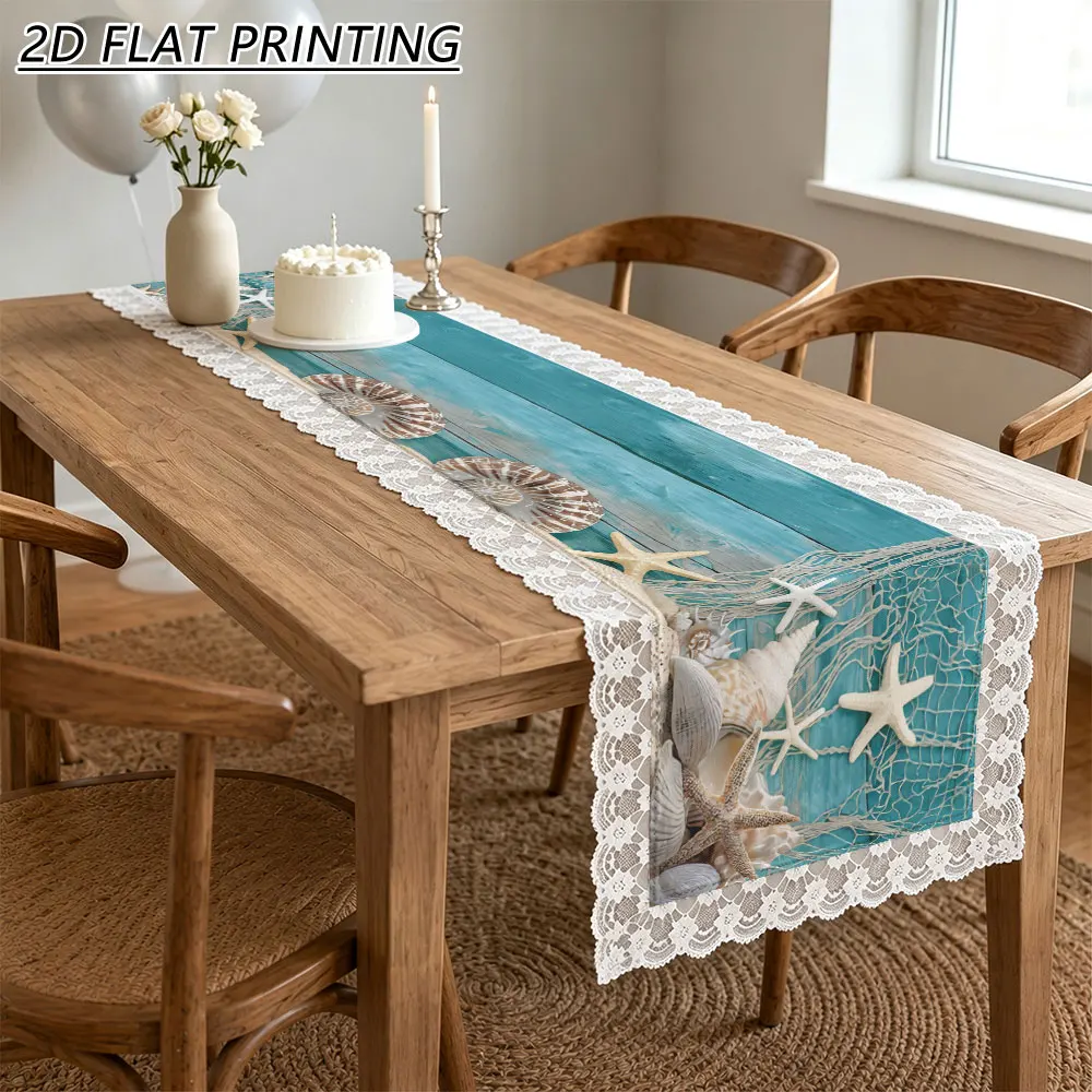 1pc Seashell Starfish Fishing Net Pattern Tulle Lace Table Runner For Beach Nautical Party Decor