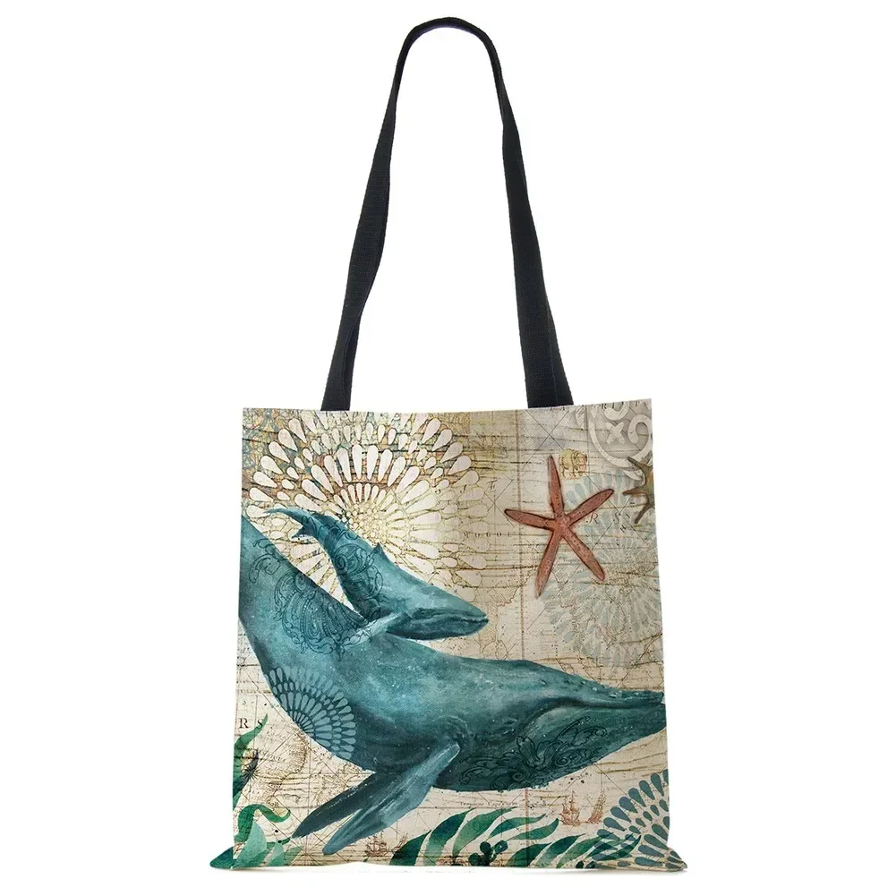 Tote Bag Seahorse Turtle Octopus Print borse a tracolla da viaggio borse per la spesa in lino ecologico per donna con stampa