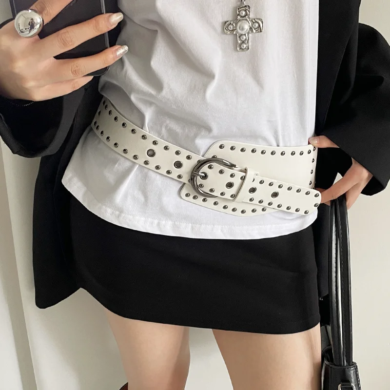 Chic White Grommet Wide Belt for Women Harajuku Punk Eyelet Waist Belt Gothic Streetwear Body Shaper Belt Luxury Designer