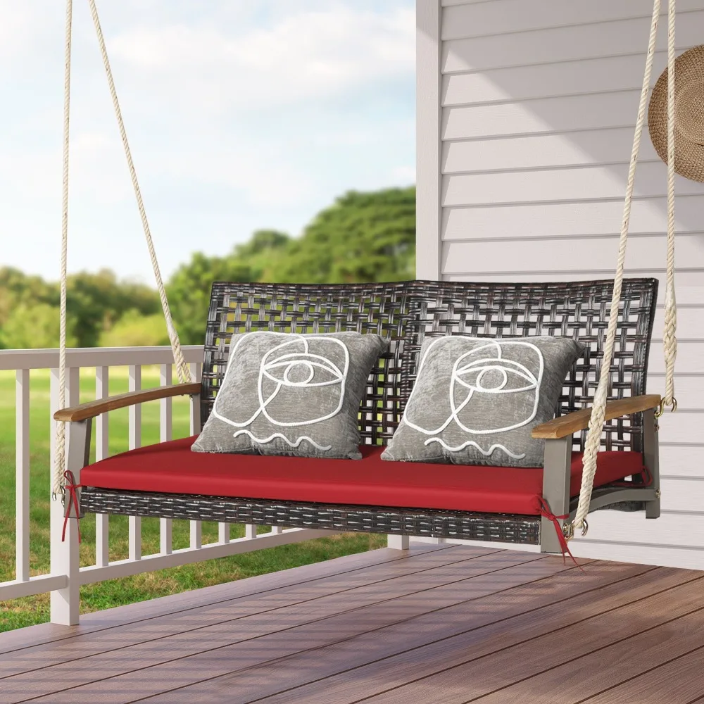 

2-Person Patio Rattan Hanging Swing Chair Porch Loveseat Cushioned Red
