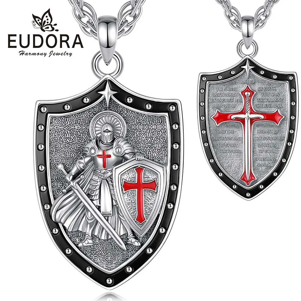 Eudora Copper Knight Templar Necklace ﻿for Men Woman ﻿Warrior Shield Cross Pendant Christian Prayer Jewelry Festival Gift