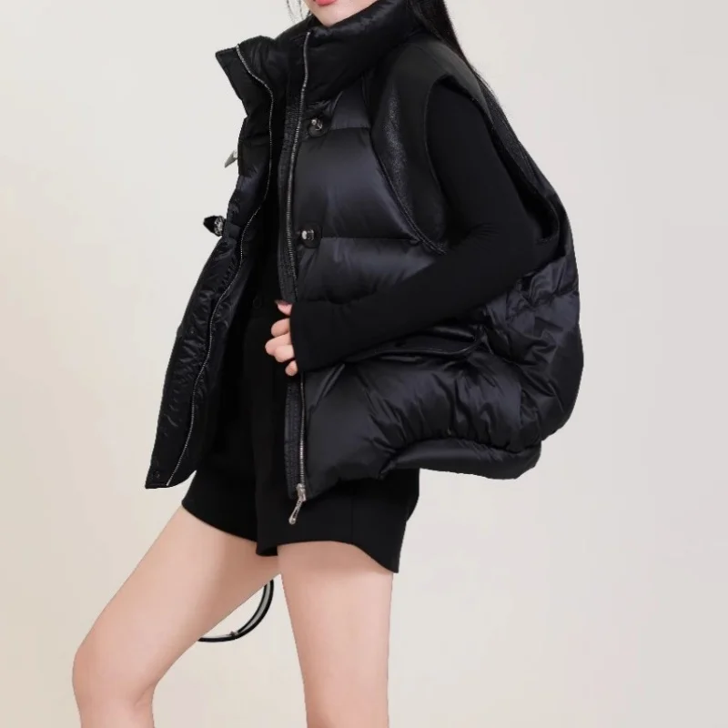Inverno 2025 feminino gola engrossado quente para baixo colete y2k moda de alta qualidade solto curto ganso para baixo colete