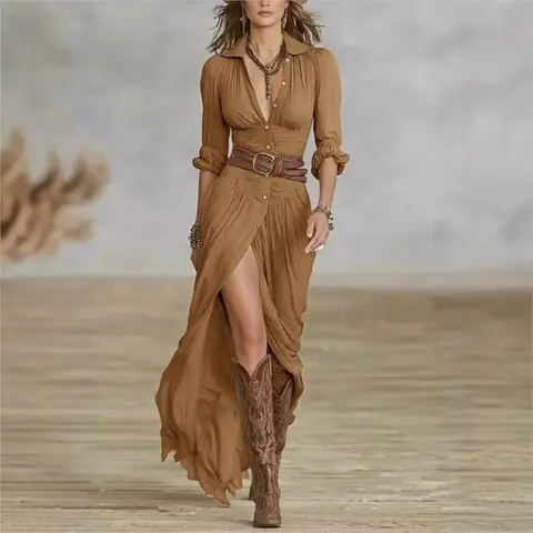 Sexy Bohemia Women's Dress New French Retro V-neck Waist Pleated Loose Slit Long Sleeve Dresses For Women Robe West Cowboy Femal