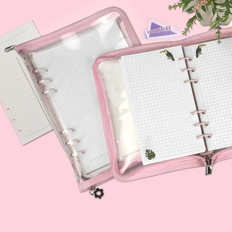 6-Hole Loose Leaf Cover Clear Notebook Cover Loose Leaf Personal Planner Binder With Zipper Notebook Cover Case Refillable For