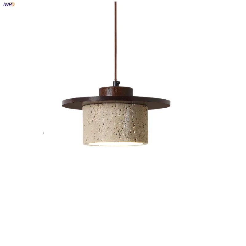 

IWHD Column Vintage LED Pendant Lights Yellow Travertine Bedroom Living Room Decor Wabi Sabi Wood Wire Adjustable Hanging Lamp