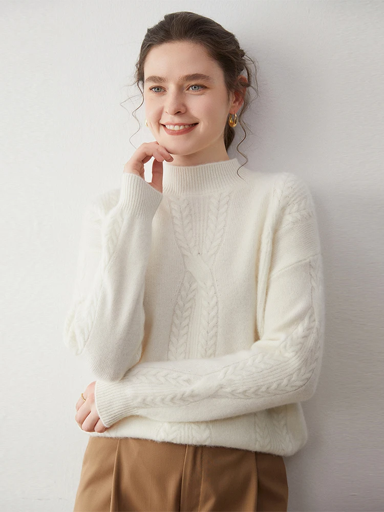 

Retro Women's Sweater Pullover 100% Cashmere Mock Neck Autumn Winter Daily Clothing Wheat Pattern Design Soft Skin Warm Knitwear