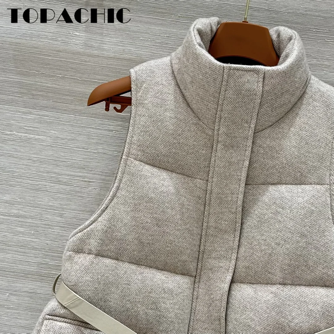 9.9 TOPACHIC-Women Wool Goose Down Vest With Real Leather Sashes  Sequins Cashmere Knit Keep Warm Down Zipper Vest Coat