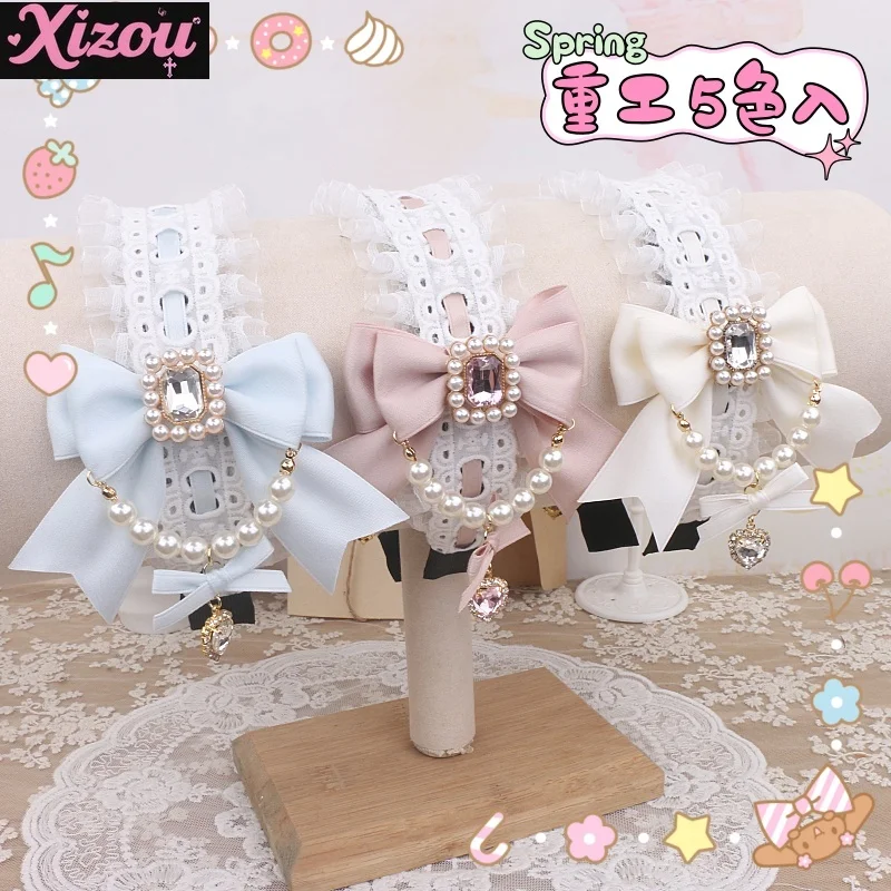 

Handmade Original Heavy Industry Beaded Bow Rhinestone Lace Light Lolita Headband Japanese Mass Production Headgear for Women