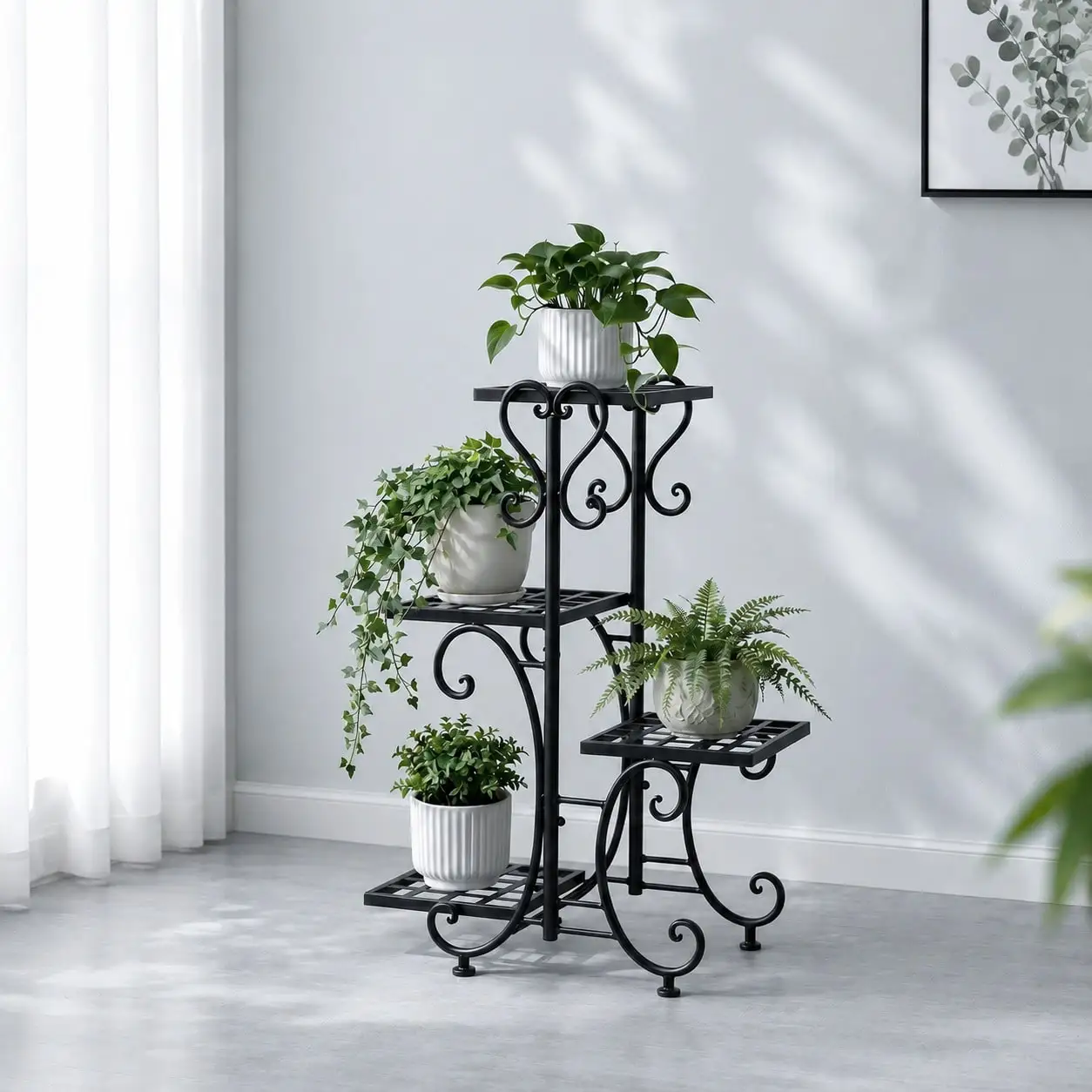 4-Tier Metal Plant Stand With Single Tier Option, Decorative Flower Pot Holder Shelf With Elegant Scrollwork Design, Multi-Level Indoor Outdoor Plant Rack For Balcony, Entryway, Sunroom, Living Room, Patio And Home Decor
