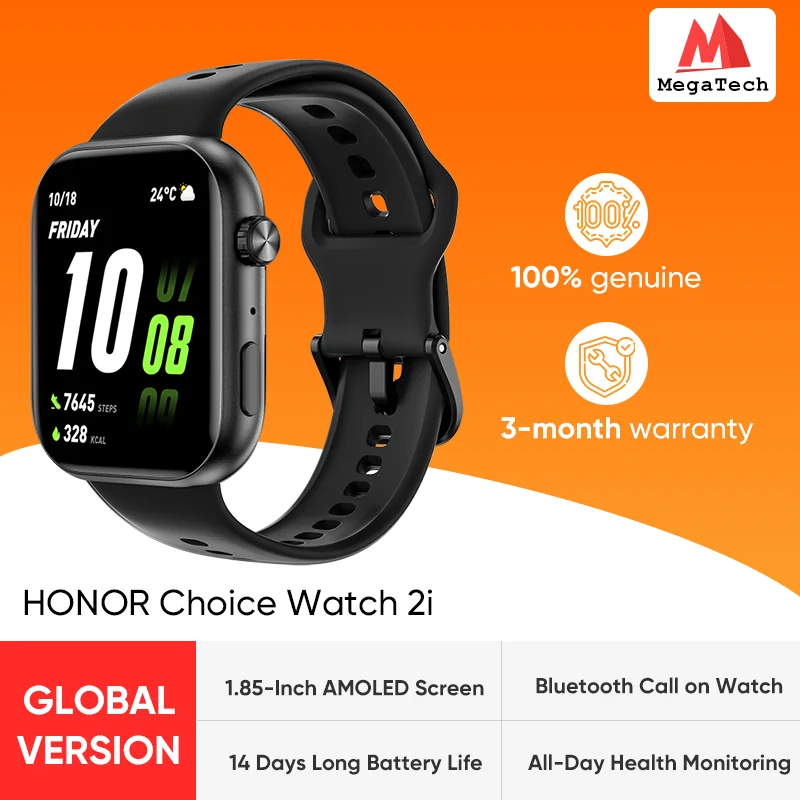 النسخة العالمية HONOR Choice Watch 2i 1.85 بوصة شاشة AMOLED مراقبة الصحة طوال اليوم عمر البطارية 14 يومًا