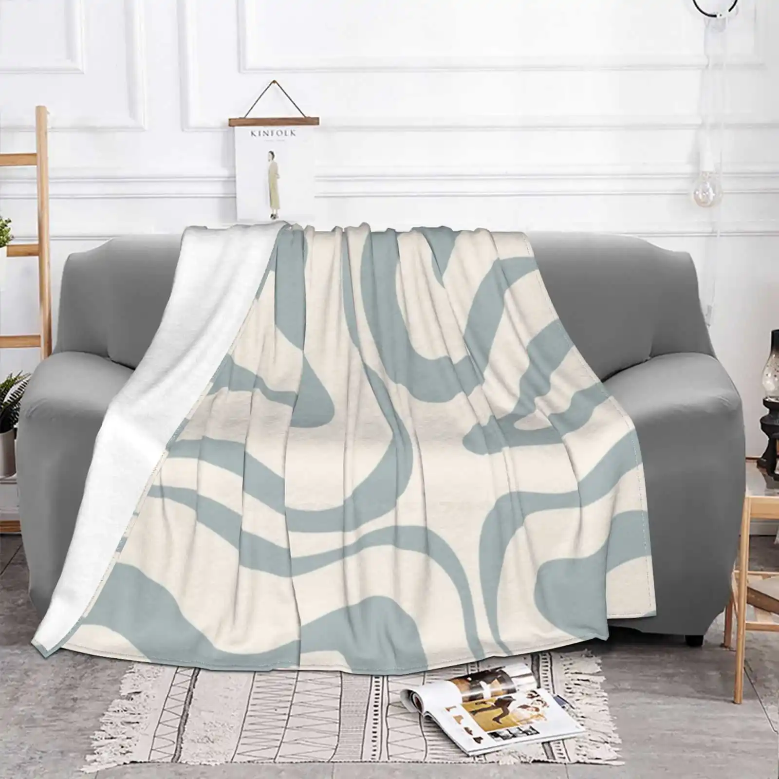 Modern Retro Liquid Swirl Abstract Pattern In Light Blue-Grey And Cream Best Selling Room Household Flannel Blanket Abstract