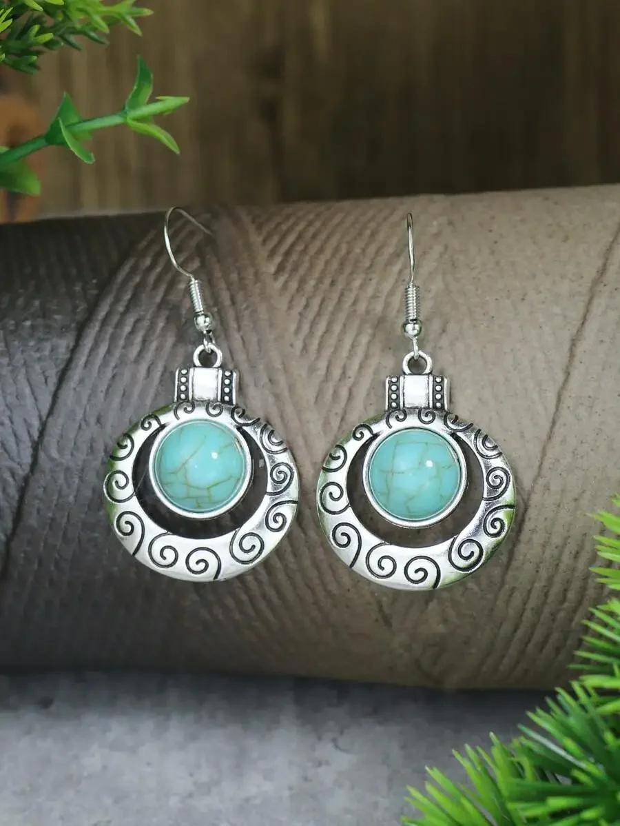 

Turquoise Stone Earrings With Scroll Pattern Ethnic Style