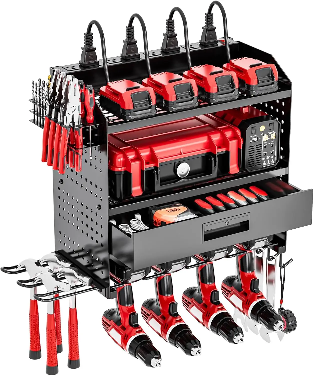 

Настенный органайзер для инструментов с 4 ярусами, зарядной станцией, 6 держателями для дрелей и ящиками для гаража и мастерской