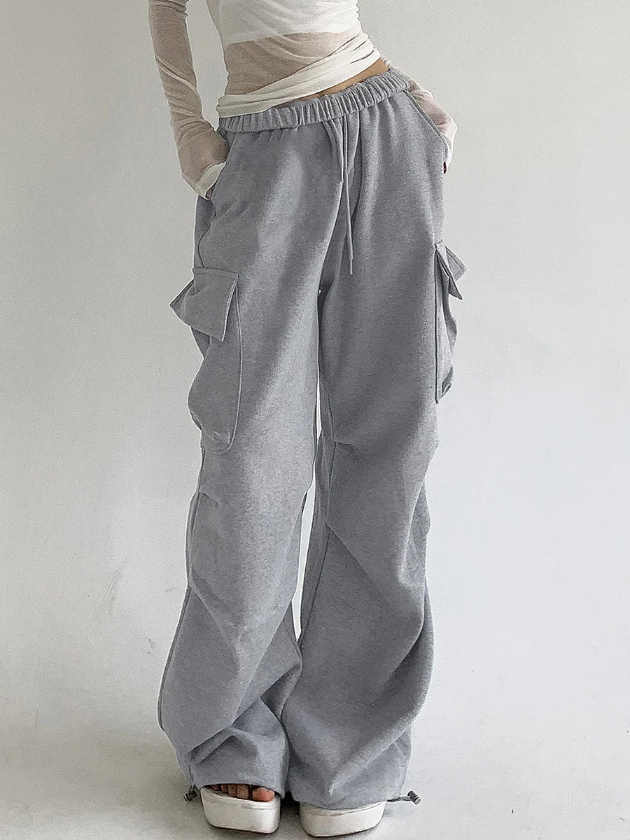 Pantalones Cargo holgados de cintura alta para mujer, pantalones de paracaídas de Color sólido, pantalones de chándal fruncidos con bolsillos con solapa