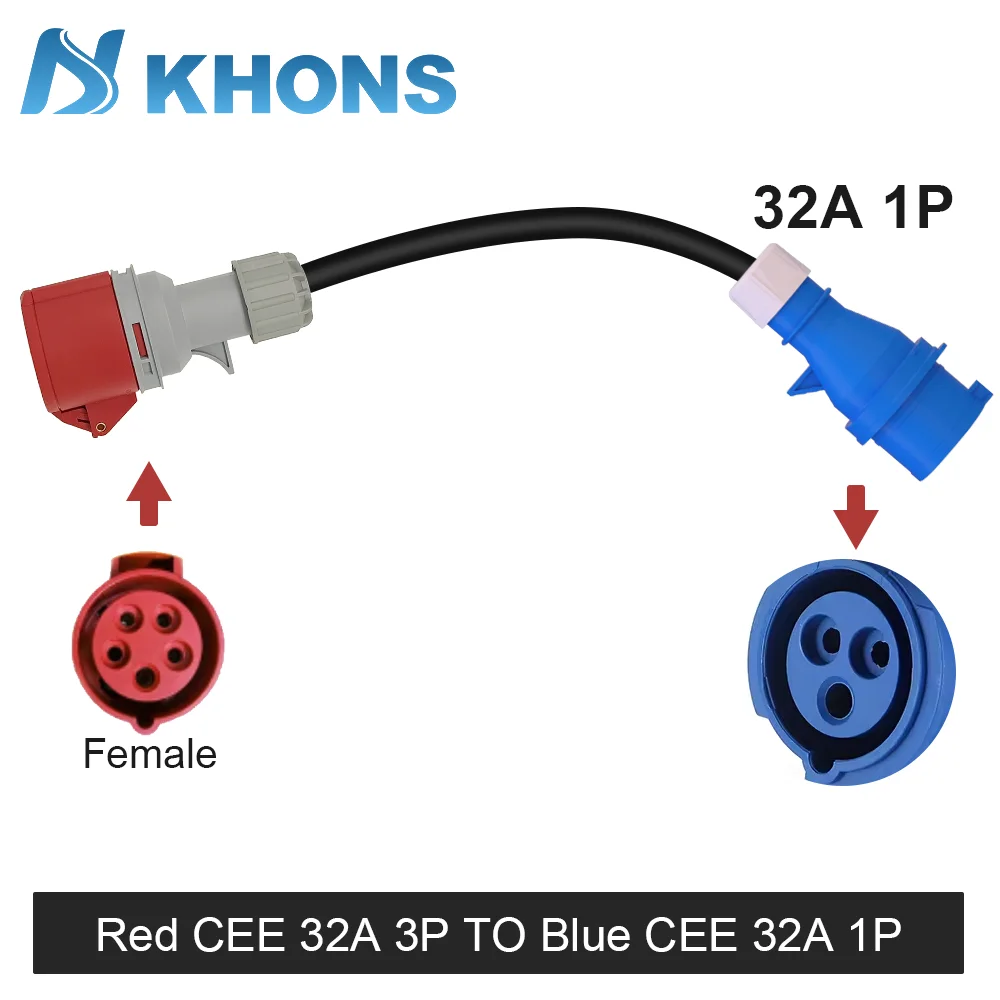 Adaptador de carga KHONS EV convierte conector hembra trifásico CEE rojo 32A a adaptador macho CEE azul monofásico 32A rojo CEE 32A a 16A