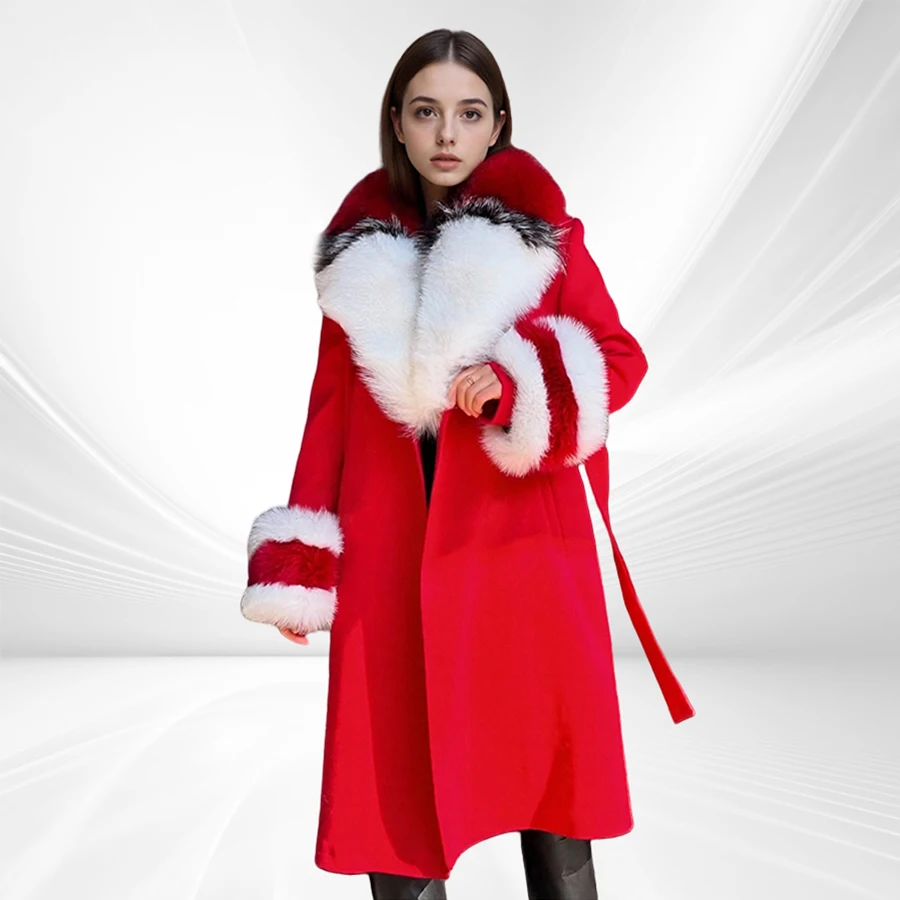 

Новое кашемировое пальто с воротником из натурального лисьего меха, манжетами, женские зимние куртки, пальто из натурального лисьего меха, роскошные полушерстяные пальто
