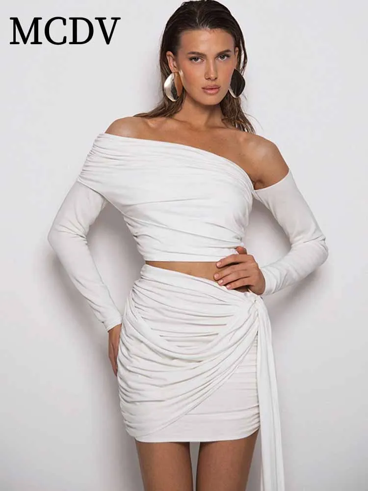 

MCDV Sexy Ruched Two Piece Set Women's Off Shoulder Long Sleeve Crop Tops Ribbon Mini Skirt Bodycon Autumn Elegant Club Outfits