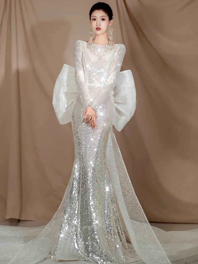 

Новое вечернее платье Ele Silver Sequin Long Sleeve с пайетками и силуэтом «русалка» для женщин, коллекция 2026 года, корейский стиль