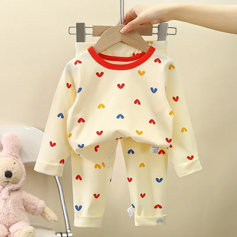 Langarm-Loungewear für Kinder, Unisex Zweiteiler-Pyjama, Herbst-Baby-Loungewear, Cartoon-Print, atmungsaktiver Jungen- und Mädchen-Kinderpyjama