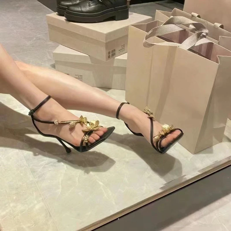 Summer French Square Toe Gold Rose High Heels Women\'s Stiletto Heel Celebrity Style Banquet One Line Buckle Sandals