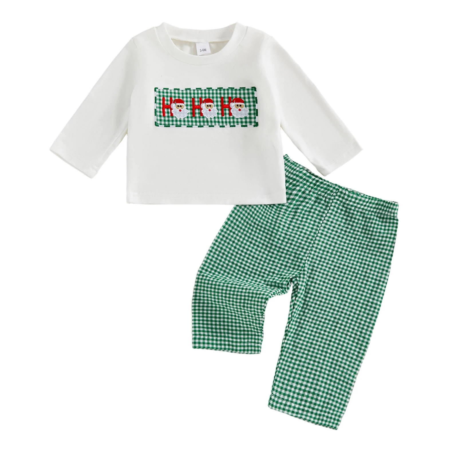 

Baby Christmas Outfit Santa Embroidery Long Sleeve Shirt and Elastic Plaid Pants Set for 2 Piece Clothes