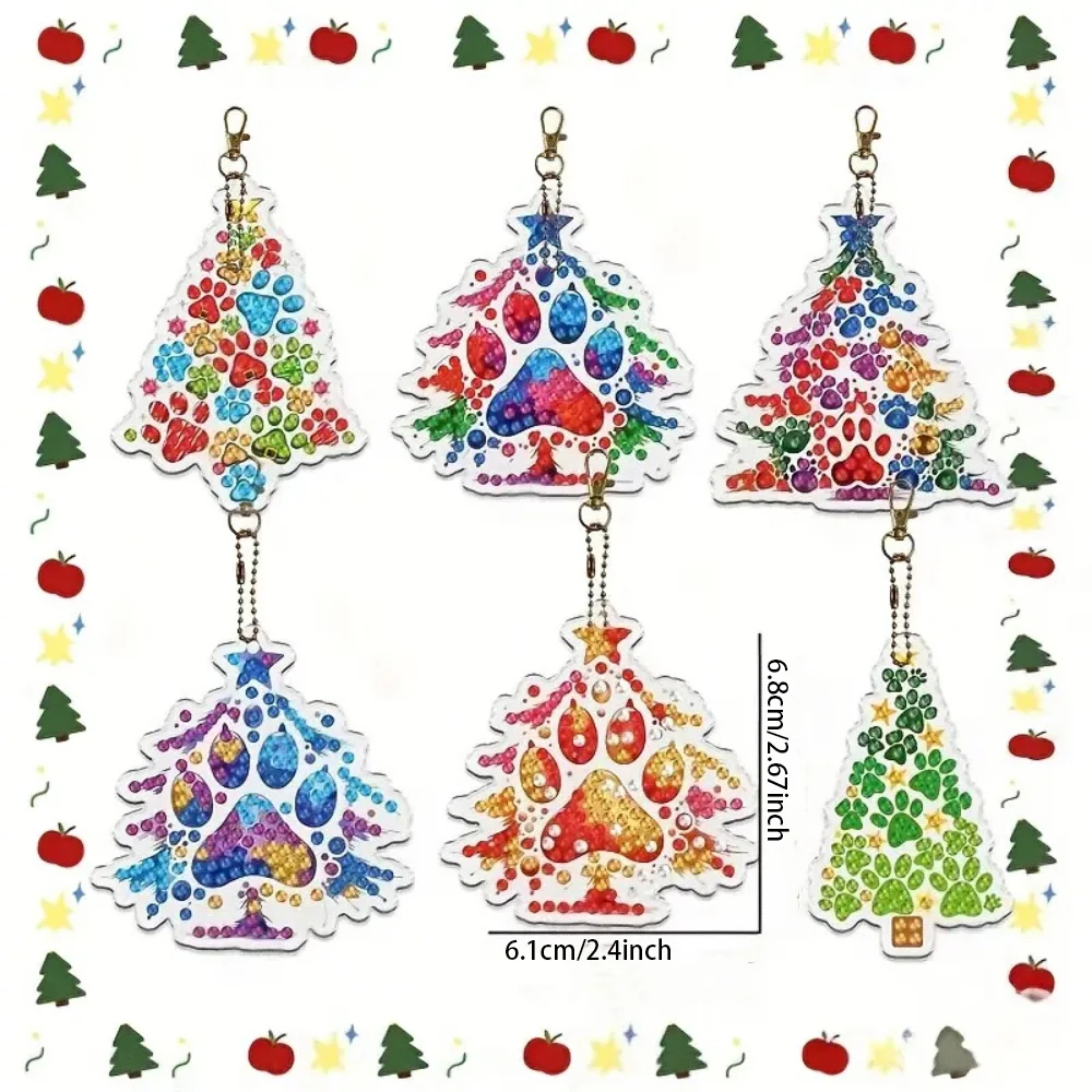 6pcs/Set DIY Christmas Tree Pattern Diamond Painting Keychain, DIY Mosaic Craft Kit Suitable for Beginners, Women's Backpack Pen view 2