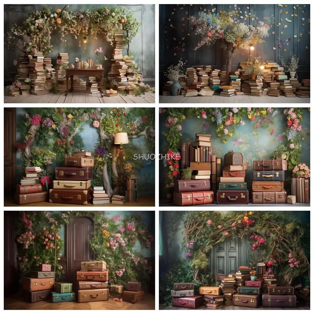 

Photography Backdrop Graduation Party Photocall Custom Books Luggage Flower Vines Table Wall Portrait Backgrounds Props