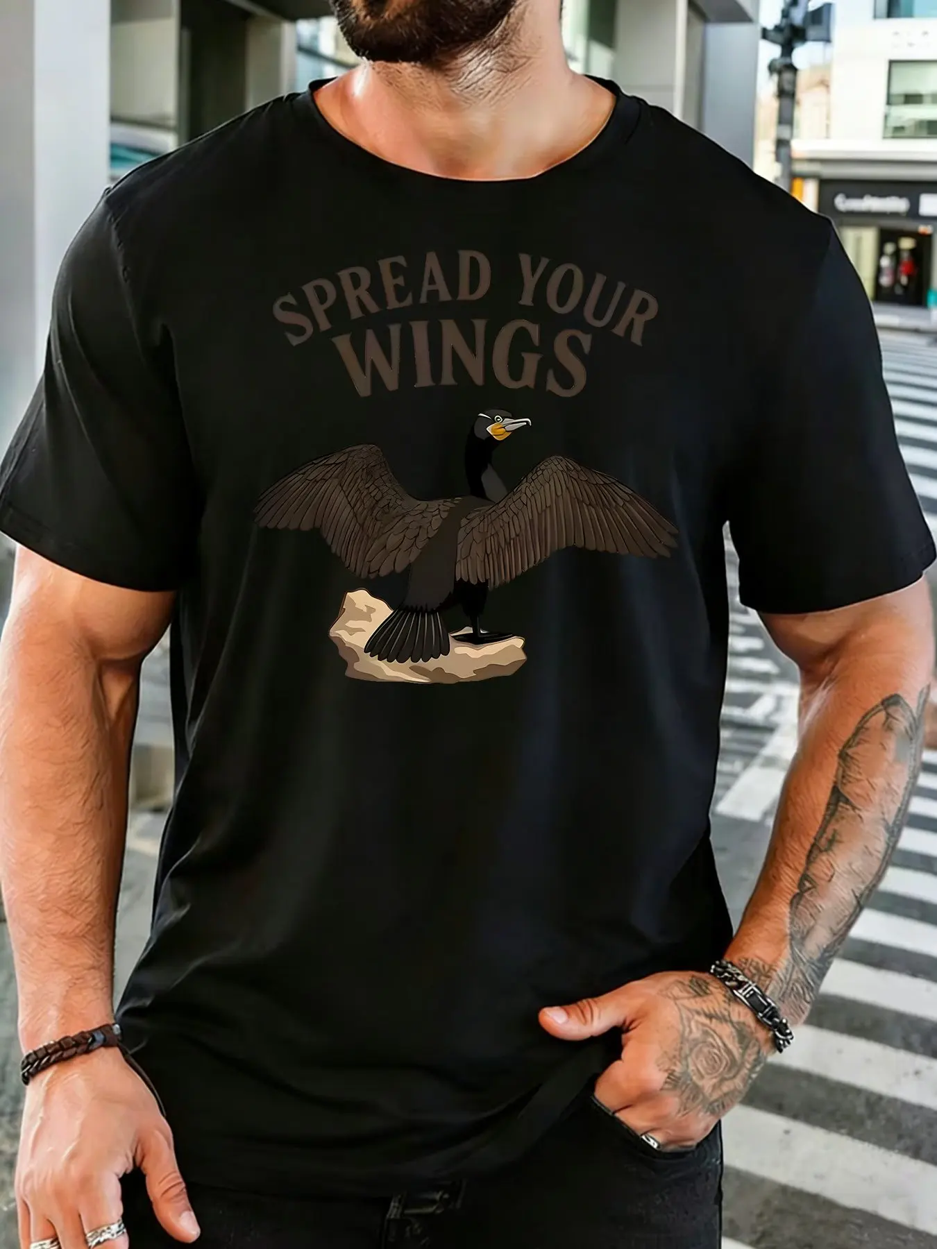Men Red Crew Neck Tee Spread Your Wings Open Wing Cormorant Bird On Rock Inspirational Wildlife Print Soft Cotton Casual Top