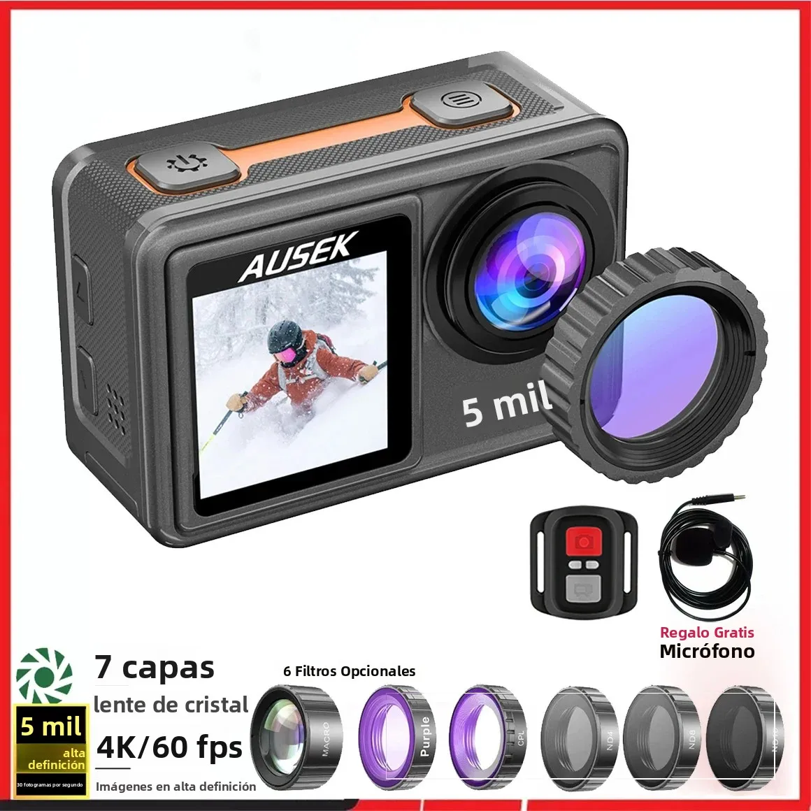 Cámara de Acción con Filtro Extraíble, 6 Lentes, 5K 30FPS, 4K 60FPS, 50MP, Pantalla Dual de 2 Pulgadas IPS, EIS, Zoom 5X, Grabación de Video, Cámara Deportiva Resistente al Agua