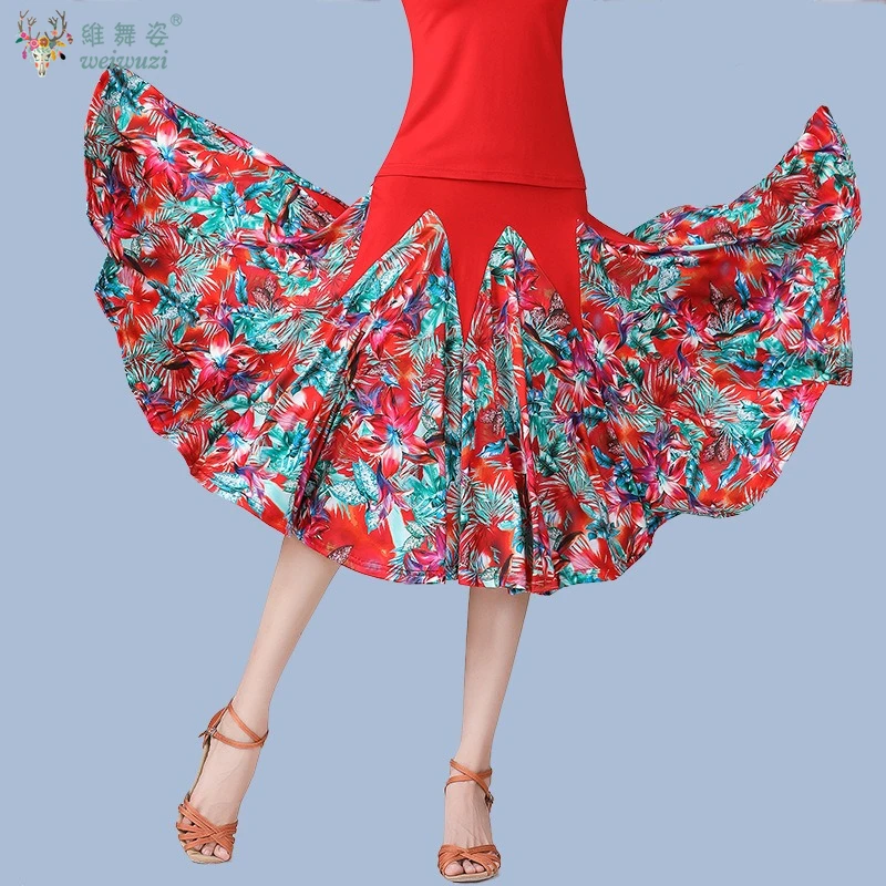 National Standard Walzer Flamenco Kostüme Frau Latin Dance Print Rock elastische Taille floral mittellanger Ballsaal Faltenrock