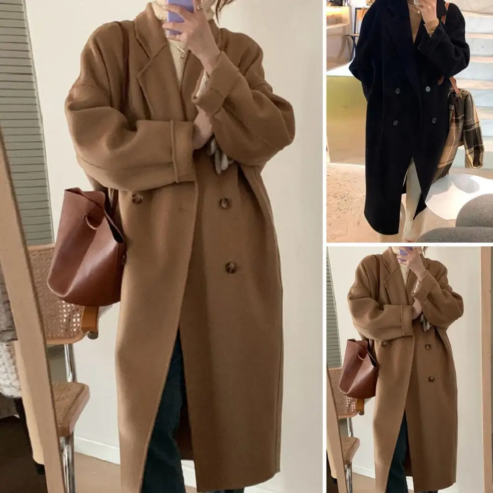 

Winter Womens Woolen Coat Thickened Double-breasted Long Style Long Sleeve Loose Lapel Notch Collar Pockets Trench Coat