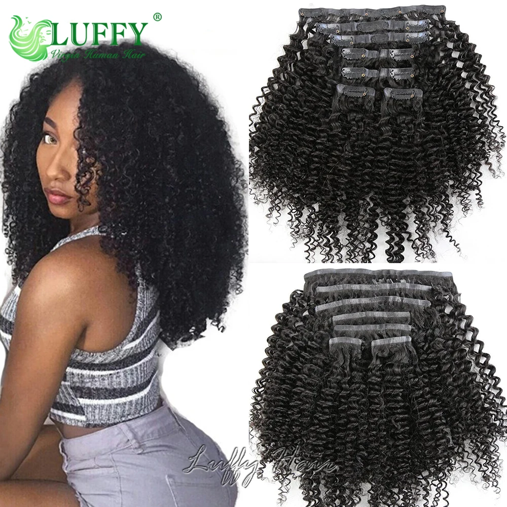 Kinky klip keriting pada ekstensi rambut manusia Burmese mulus PU klip Ins rambut manusia keriting keriting untuk hitam wanita 7 buah