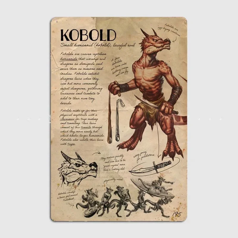 Kobold Note D&D Monster Manual Wall Decor Sign with High-Quality Printed Artwork on Metal Tin for Classic Aesthetic