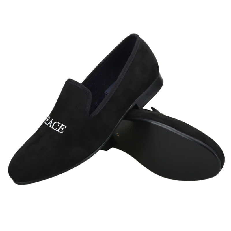 Piergitar British Classic Style Handamde “World Peace”Embroidery Men Smoking Slippers For Party Wear Black Suede Slip-On Loafers