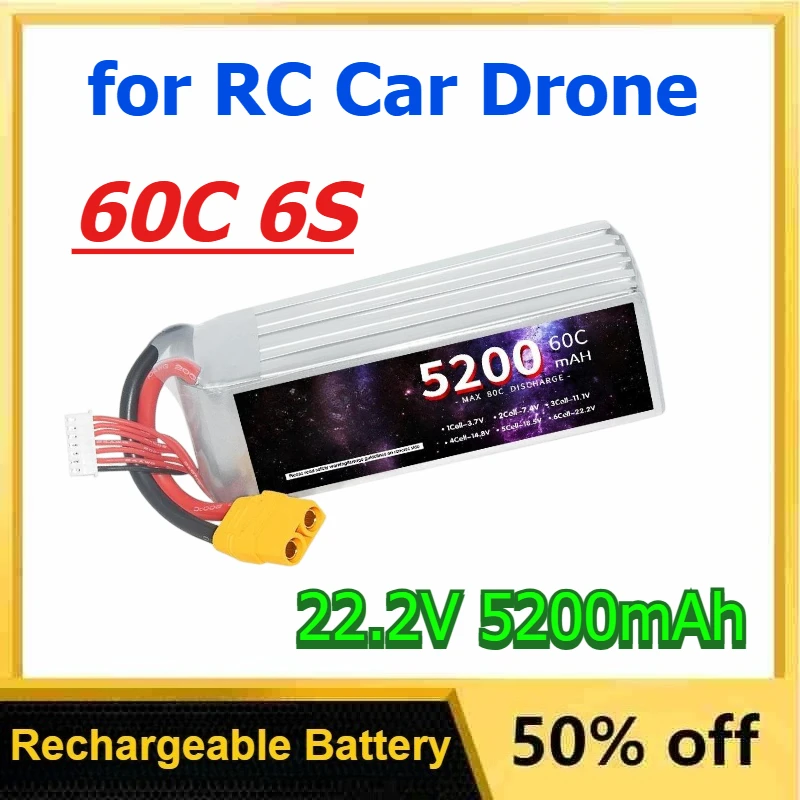 

22.2V 60C 6S 5200mAh Rechargeable Lipo Battery for RC Car FPV Drone Desert Truck RC Racing Battery with EC5 XT60 T XT90 TRX Plug