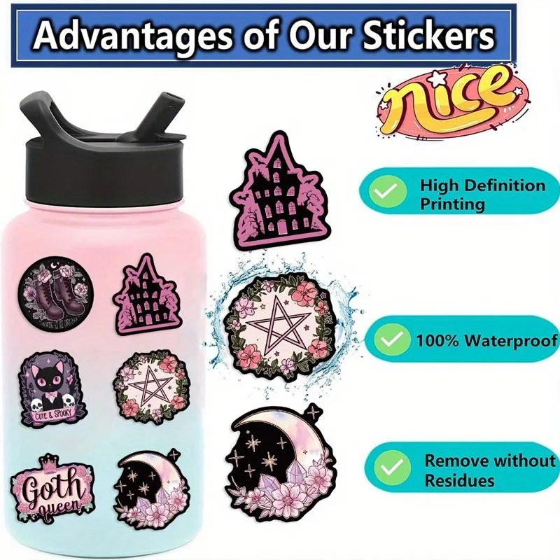 50/100pc Goth Witch Aesthetic Stickers Waterproof Vinyl Decals Pink Gothic Tarot Skull Stickers Scrapbook Laptop Water Bottle
