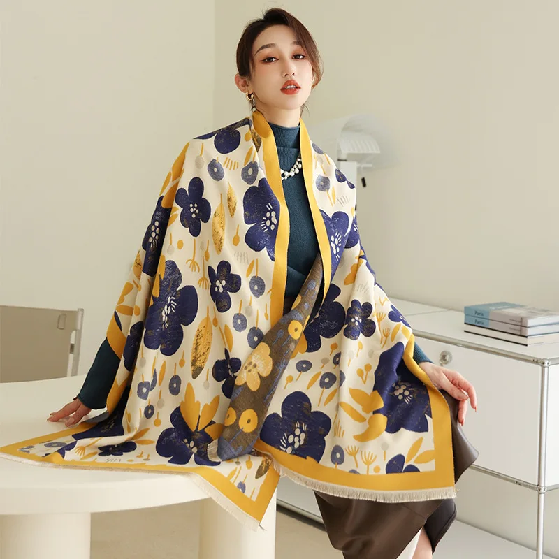 

Women Winter Scarf Elegant Floral Cashmere Shawls and Wraps Thick Warm Blanket Luxury Brand Double-sided Scarves Stoles