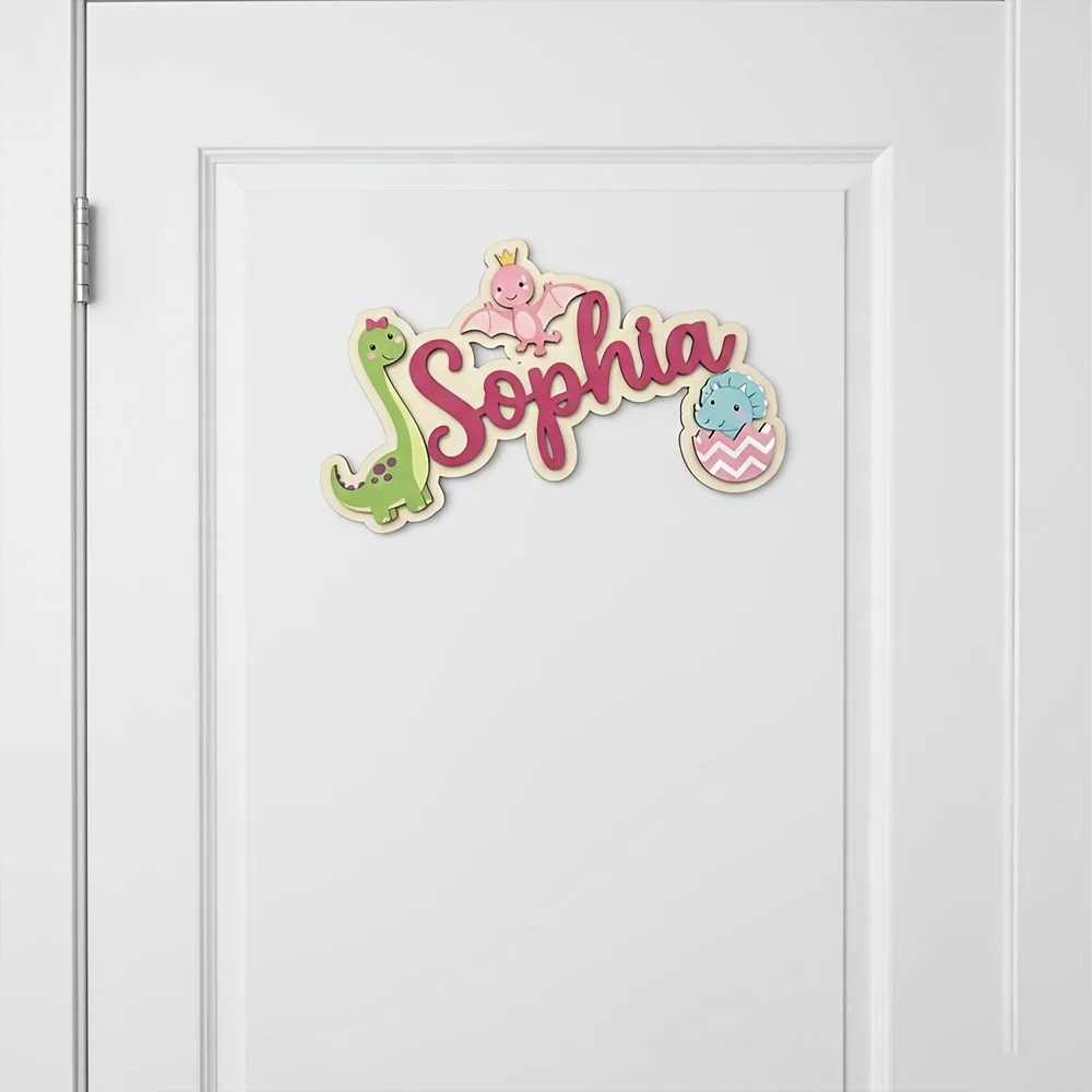 Personalized Name Sign Laser-Cut Wooden Plaque with Cute Pink Pterosaur And Green Brachiosaurus Design Vibrant Dinosaur