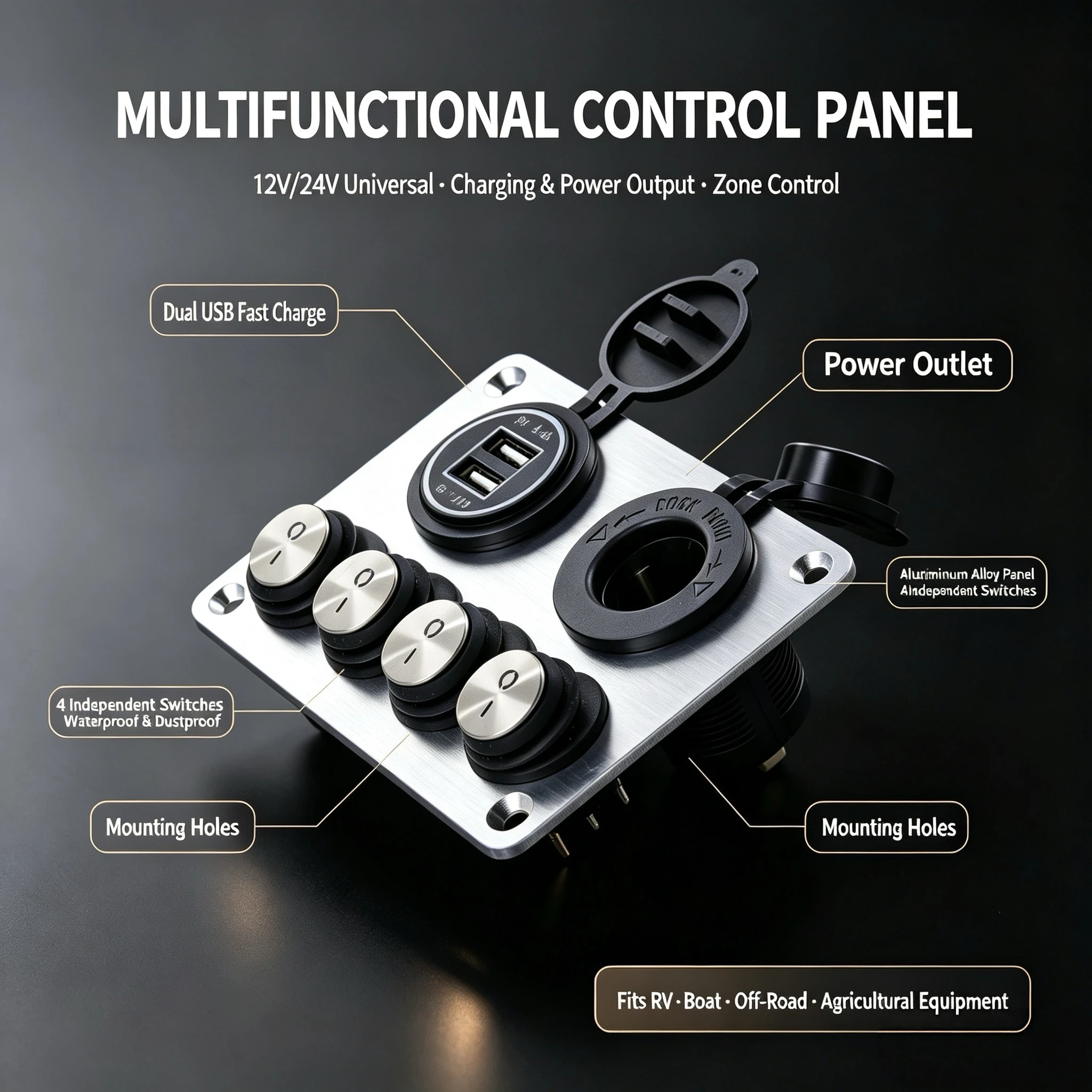 4 Gang Marine Round View Window Switch Panel with Dual USB Socket, Overload Protection Power Outlet