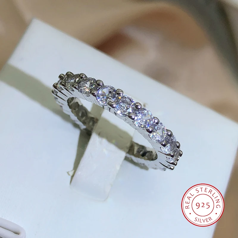 New Fashion Single Row Full Diamond Claw Set Ring Women 925 Stamp Bling Bling Round Zirconia Party Wedding Jewelry Gift
