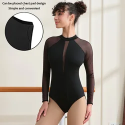 Women V-Mesh Mock Neck Long Sleeve Ballet Dance Leotard for Adult Dance Gymnastics with Water-drop Hollow Back and Chest Lining
