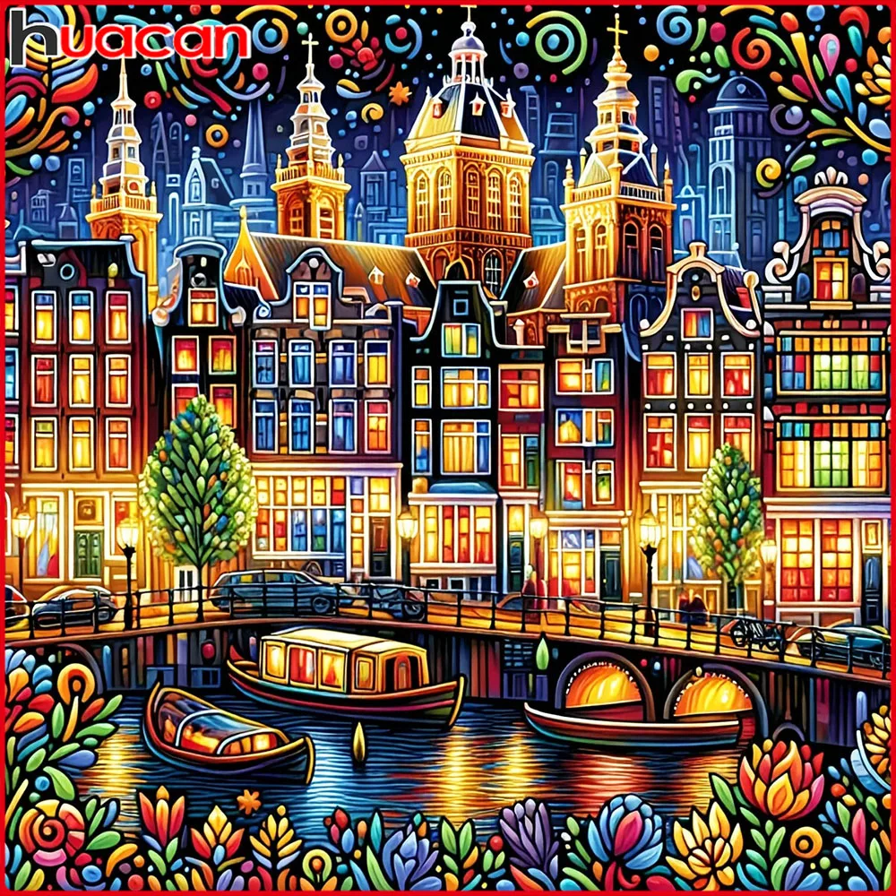 Huacan New Arrivals 2026 Diamond Painting Night City Building Diamond Embroidery Landscape Full Handmade Gift