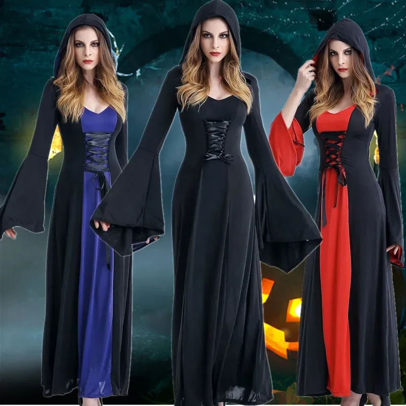 3 Color Medieval Gothic Vampire Witch Costume Adult Halloween Fantasia Party Masquerade Witch Hooded Dress