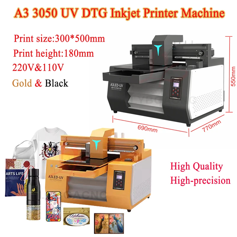 High-precision A3 3050 300X500mm Full Automatic Flatbed Photo UV DTG Inkjet Printer Machine Gold and Black 220V 110V