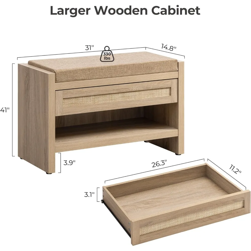 Rattan Shoe Bench Entryway Bench with Storage Drawer and Linen Seat Cushion, Farmhouse Boho Shoe Rack Bench