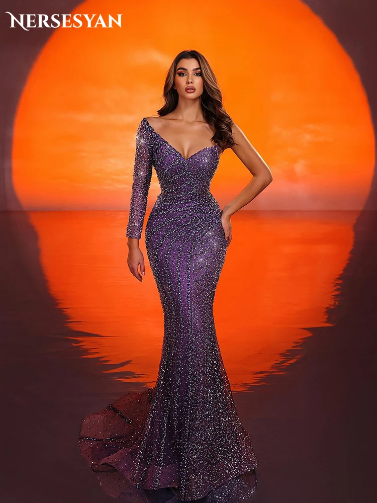 Nersesyan Purple Glitter Meramid Evening Dresses V-Neck Beading Bodycon Sequins robes de soirée Prom Dress For Occasional Party